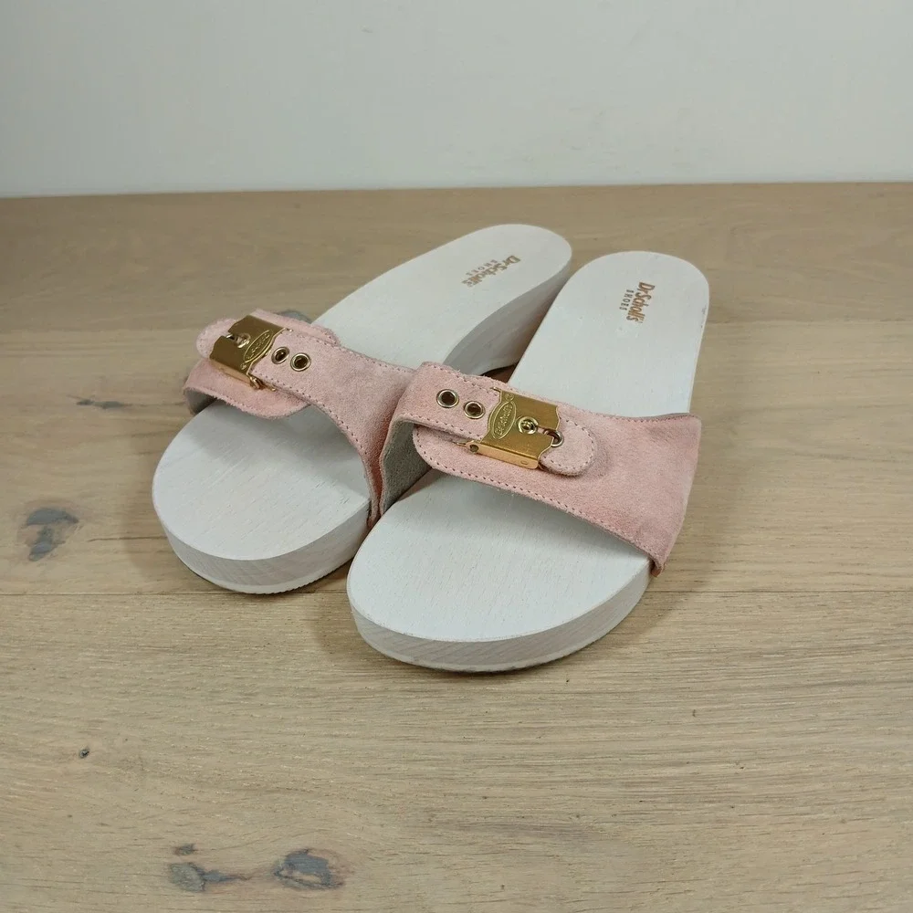 Dr Scholls Slide Sandals Women's 9 Pink Suede Wood Platform Buckle Retro